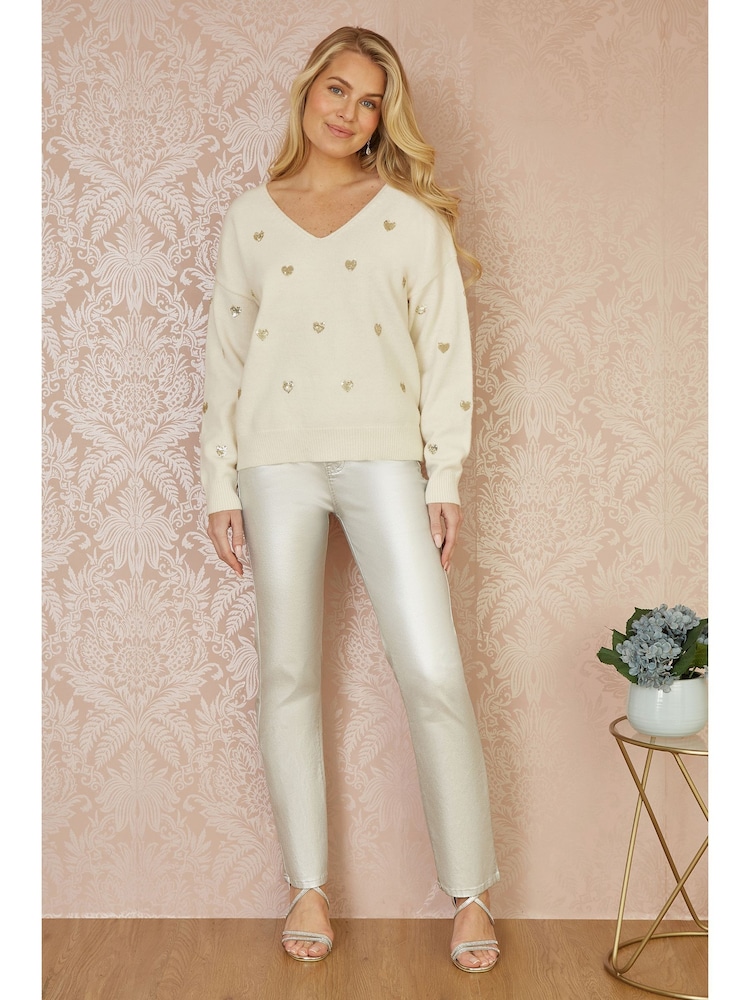 Yumi Cream Sequin Heart V-Neck Jumper - Image 2 of 5