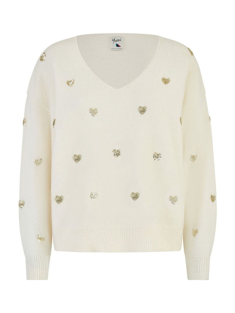 Yumi Cream Sequin Heart V-Neck Jumper - Image 5 of 5