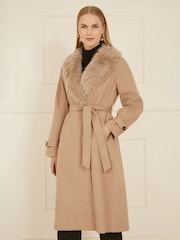 Yumi Brown Wrap Around Coat With Faux Fur Collar - Image 1 of 5