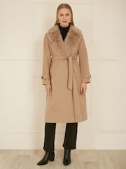 Yumi Brown Wrap Around Coat With Faux Fur Collar - Image 2 of 5