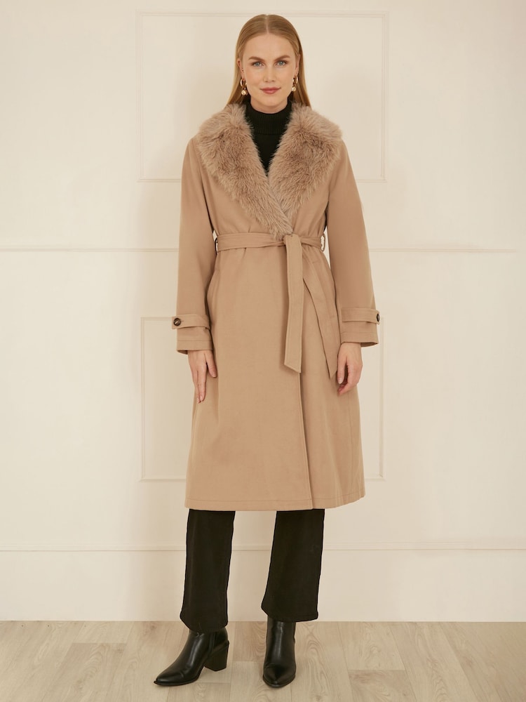 Yumi Brown Wrap Around Coat With Faux Fur Collar - Image 2 of 5