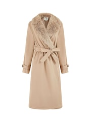 Yumi Brown Wrap Around Coat With Faux Fur Collar - Image 5 of 5