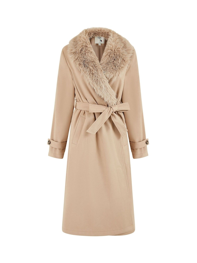 Yumi Brown Wrap Around Coat With Faux Fur Collar - Image 5 of 5