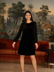 Yumi Black Tunic Dress with Pleated Balloon Sleeves And Tie Back - Image 1 of 9