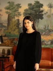 Yumi Black Tunic Dress with Pleated Balloon Sleeves And Tie Back - Image 2 of 9