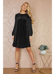Yumi Black Tunic Dress with Pleated Balloon Sleeves And Tie Back - Image 5 of 9