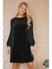 Yumi Black Tunic Dress with Pleated Balloon Sleeves And Tie Back - Image 6 of 9