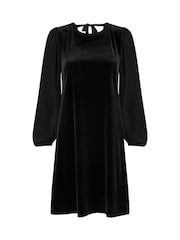Yumi Black Tunic Dress with Pleated Balloon Sleeves And Tie Back - Image 9 of 9