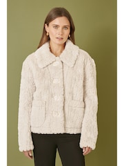 Yumi Cream Luxe Textured Faux Fur Jacket With Pockets - Image 1 of 4