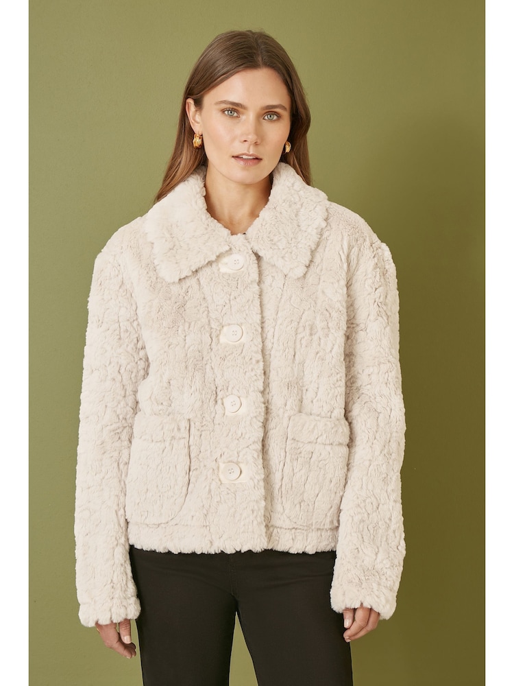 Yumi Cream Luxe Textured Faux Fur Jacket With Pockets - Image 1 of 4
