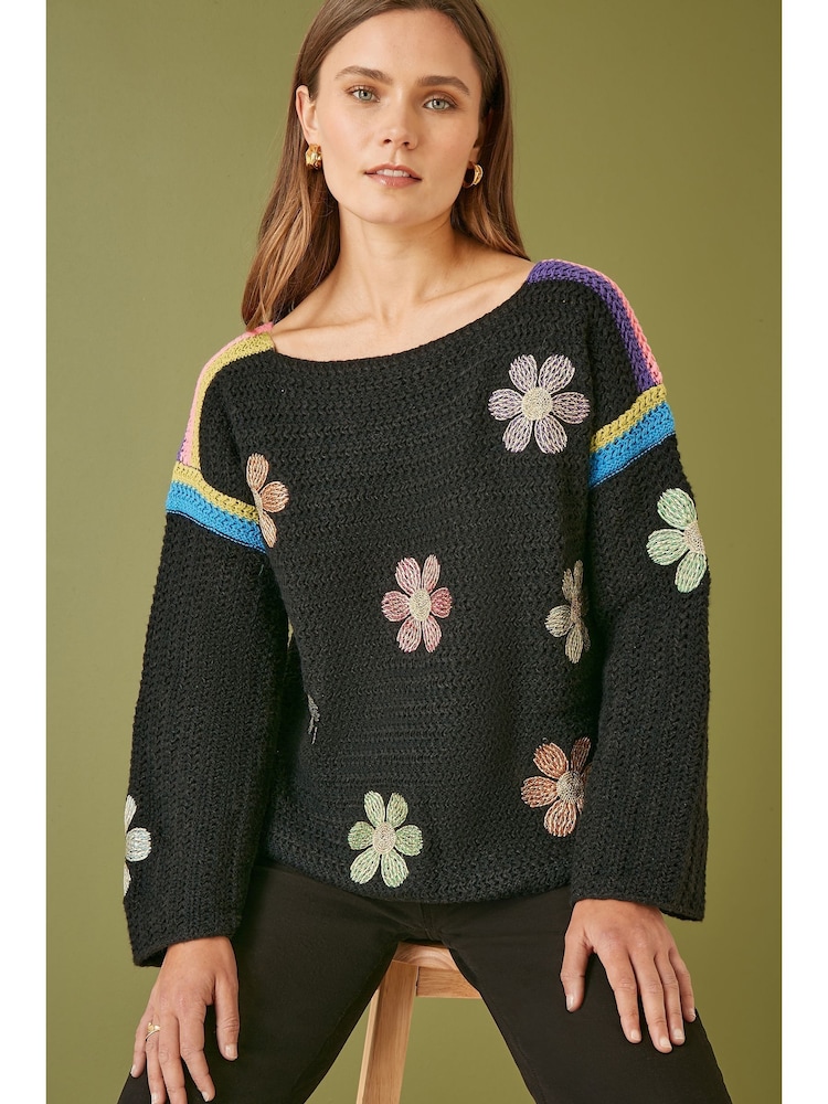 Yumi Black Crochet Flower Jumper - Image 3 of 5