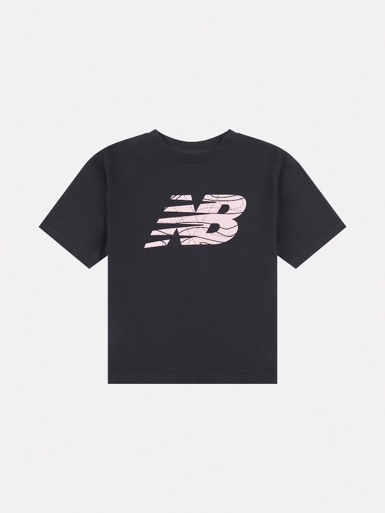New Balance Black Girls 100% Cotton AOP Fill Logo T-Shirt - Image 1 of 3