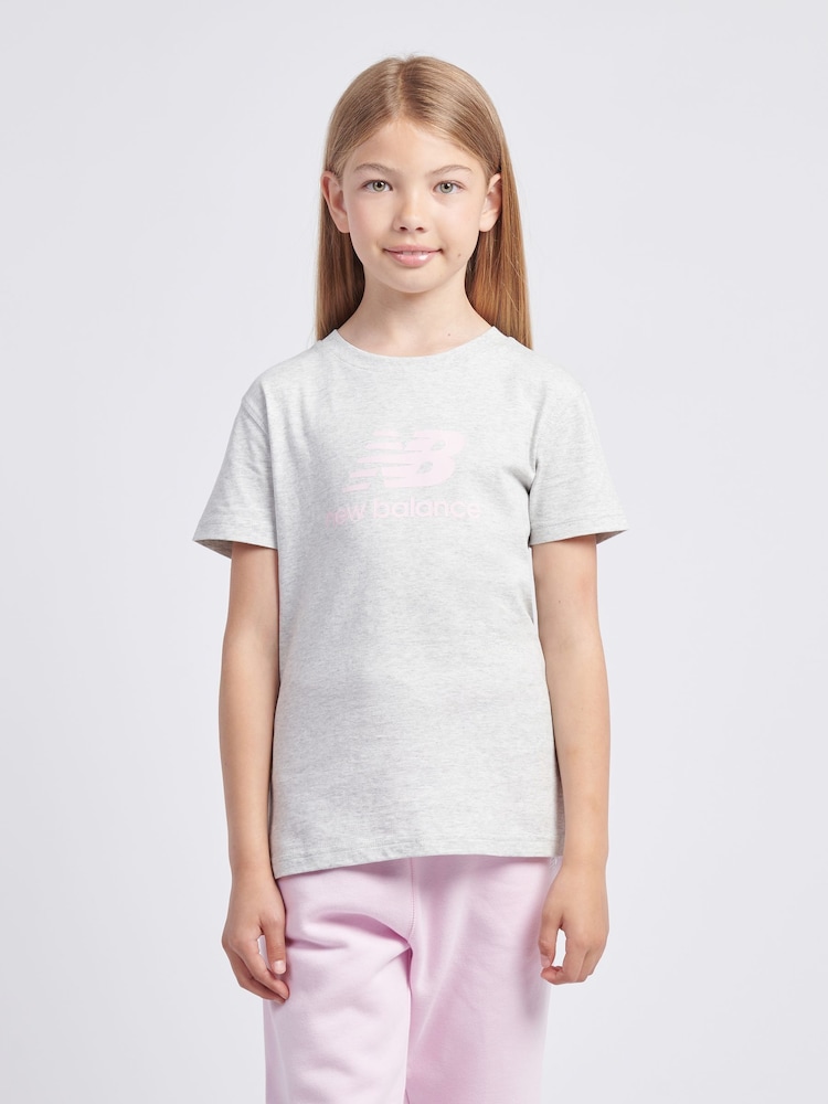 New Balance Grey Girls 100% Cotton Stacked Logo T-Shirt - Image 1 of 8