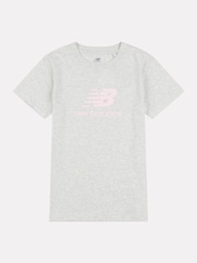 New Balance Grey Girls 100% Cotton Stacked Logo T-Shirt - Image 6 of 8