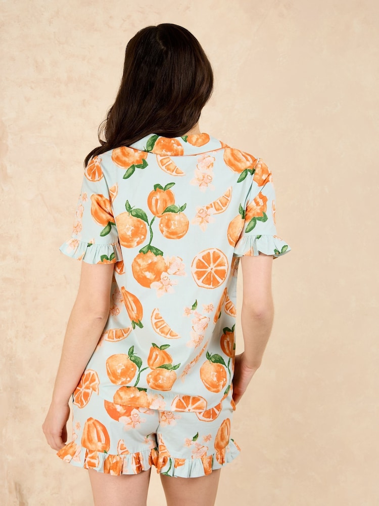 Their Nibs Turq/White Oranges Frill Cotton Short Pyjama Set - Image 2 of 4