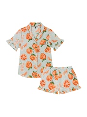 Their Nibs Turq/White Oranges Frill Cotton Short Pyjama Set - Image 4 of 4