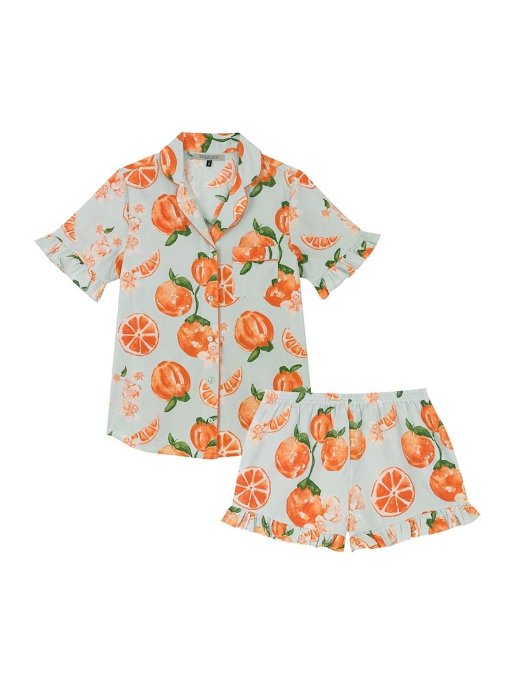 Their Nibs Turq/White Oranges Frill Cotton Short Pyjama Set - Image 4 of 4