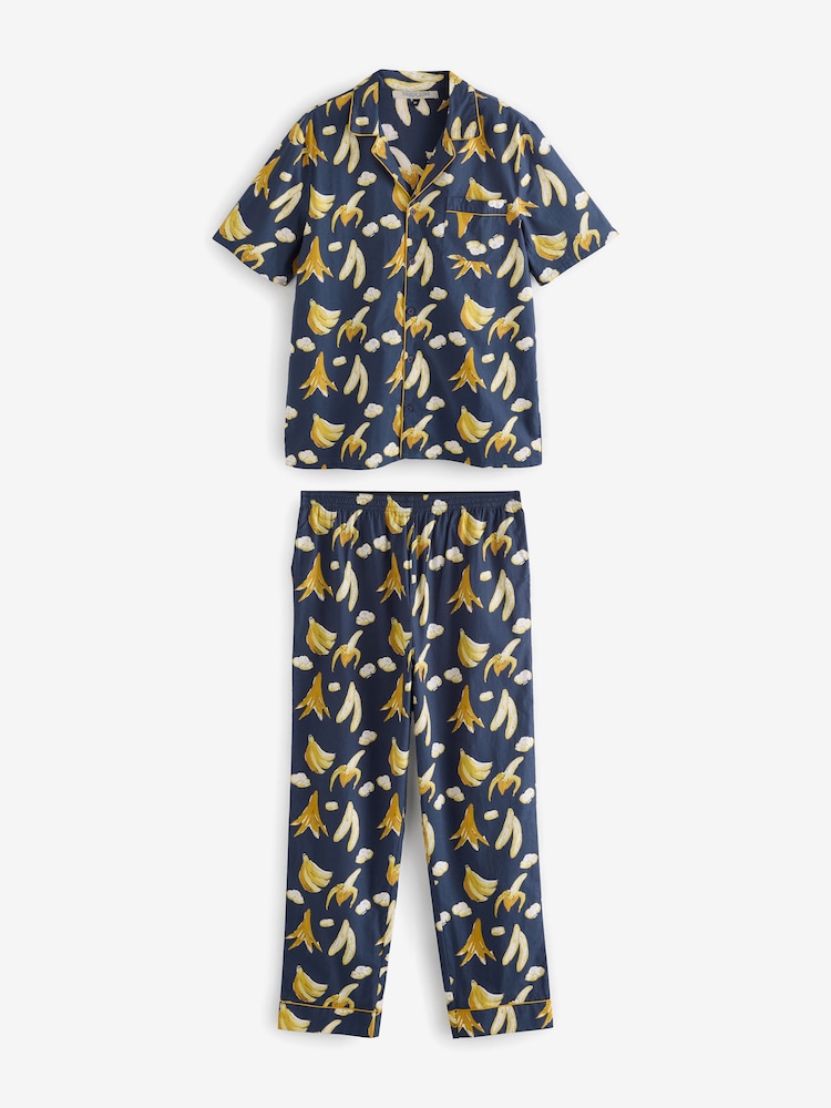 Their Nibs Navy Bananas Mens Short Sleeve Cotton Long Pyjama Set - Image 1 of 4