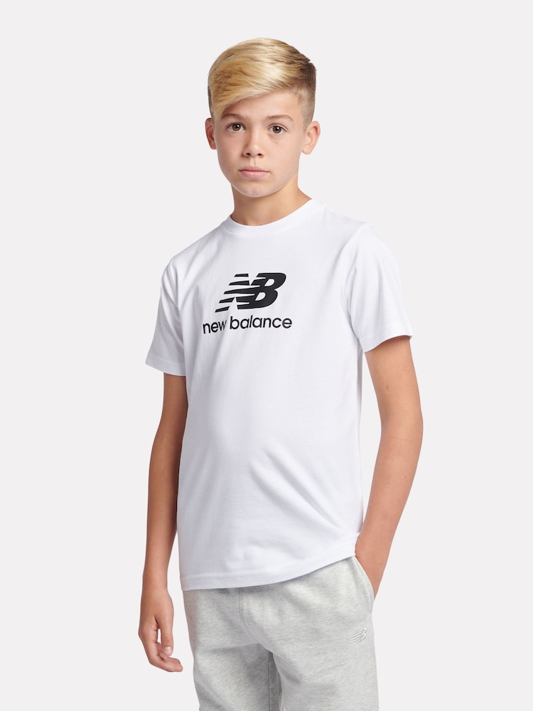 New Balance White Kids Jersey Stacked 100% Cotton Logo T-Shirt - Image 1 of 8