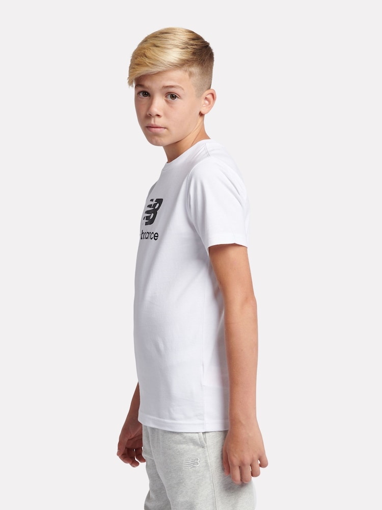New Balance White Kids Jersey Stacked 100% Cotton Logo T-Shirt - Image 2 of 8