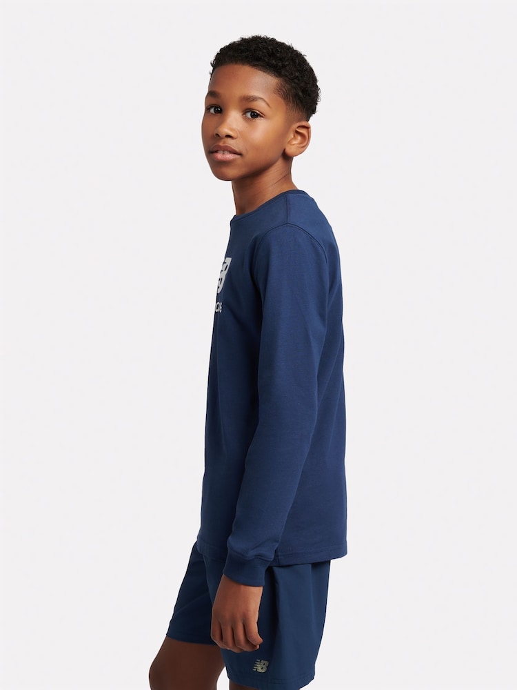 New Balance Blue Boys 100% Cotton Stacked Logo Long Sleeve T-Shirt - Image 2 of 8