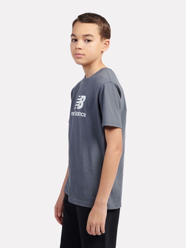 New Balance Light Grey Kids Jersey Stacked 100% Cotton Logo T-Shirt - Image 2 of 7