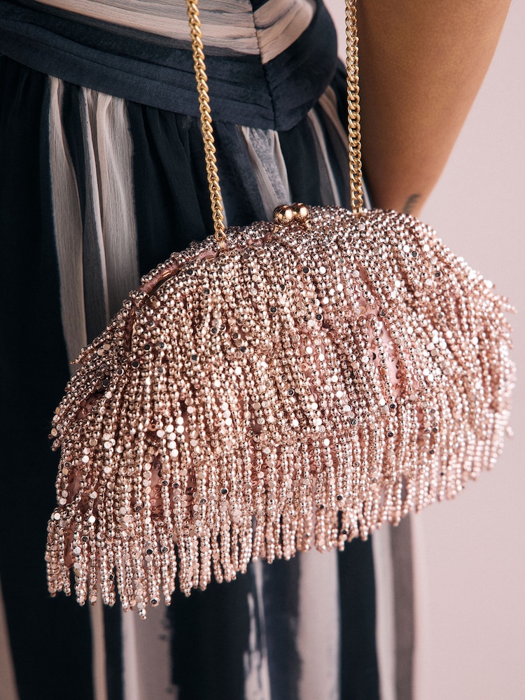 Pink Fringe Beaded Clutch Bag - Image 5 of 10