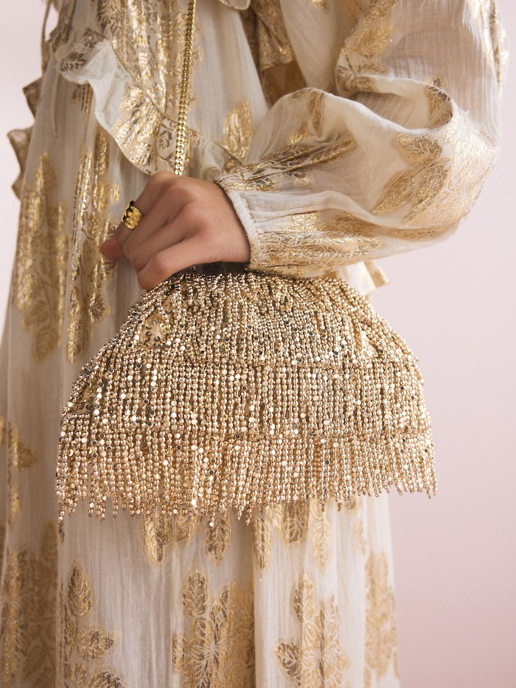 Gold Fringe Beaded Clutch Bag - Image 4 of 9