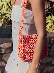 Orange 100% Cotton Beaded Shoulder Bag - Image 4 of 9