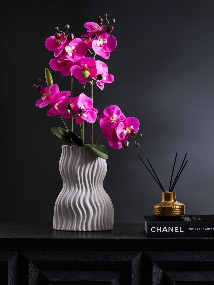 Pink Arficial Real Touch Orchid in White Pleat Vase - Image 1 of 3