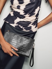Black Croc Effect Structured Clutch Bag - Image 1 of 10