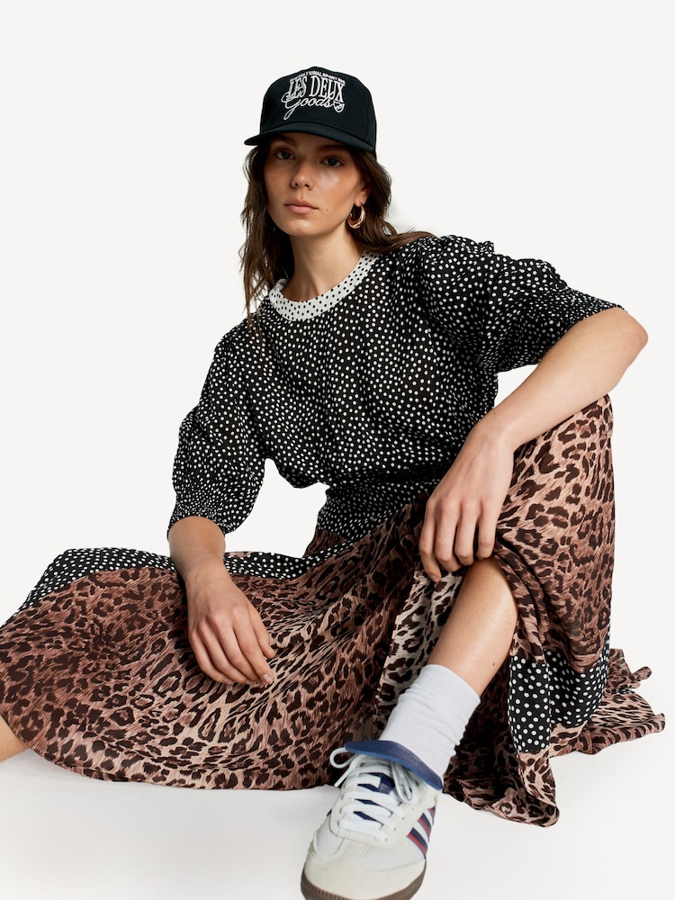 Rixo Brown Meg Leopard/Polka Dot Midi Dress Seasons