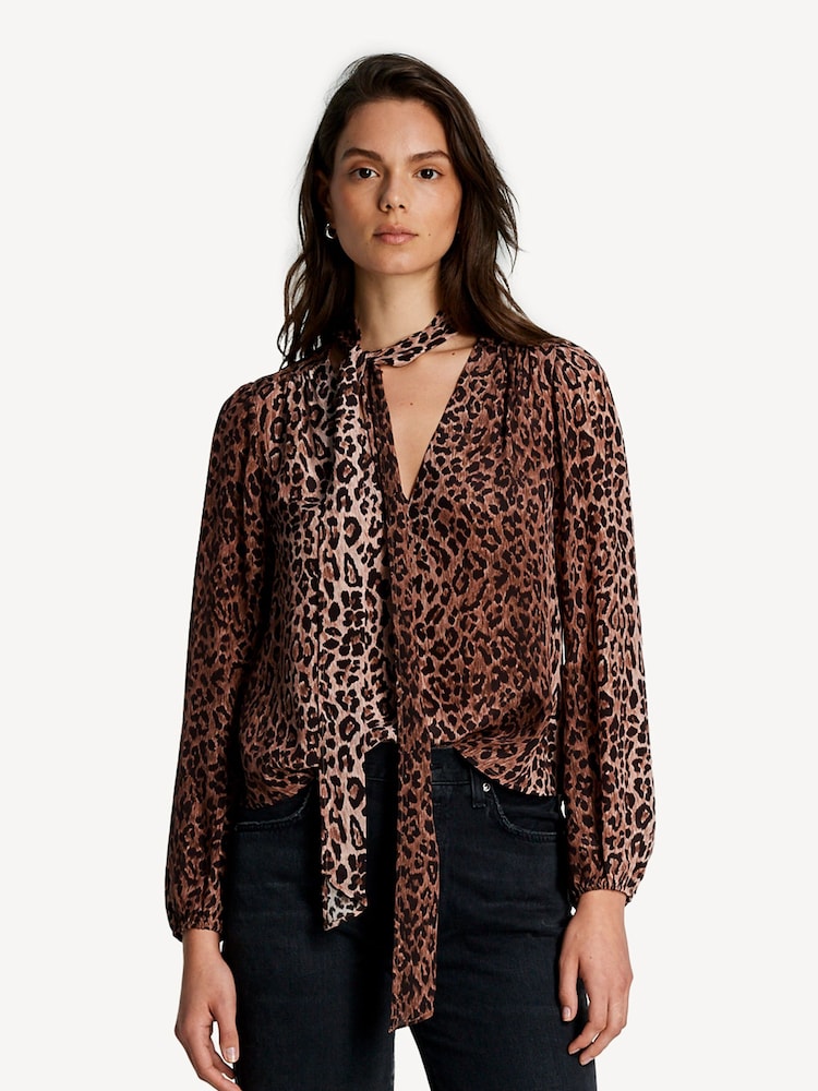 Rixo Brown Moss Leopard Print Tie Neck Blouse - Image 1 of 3 Rixo Brown Moss Leopard Print Tie Neck Blouse - Image 1 of 3