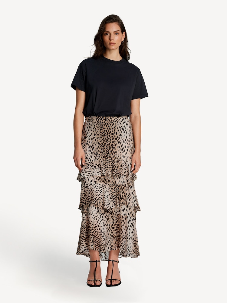 Rixo Animal Preslee Antelope Spot Tiered Midi Skirt - Image 1 of 5