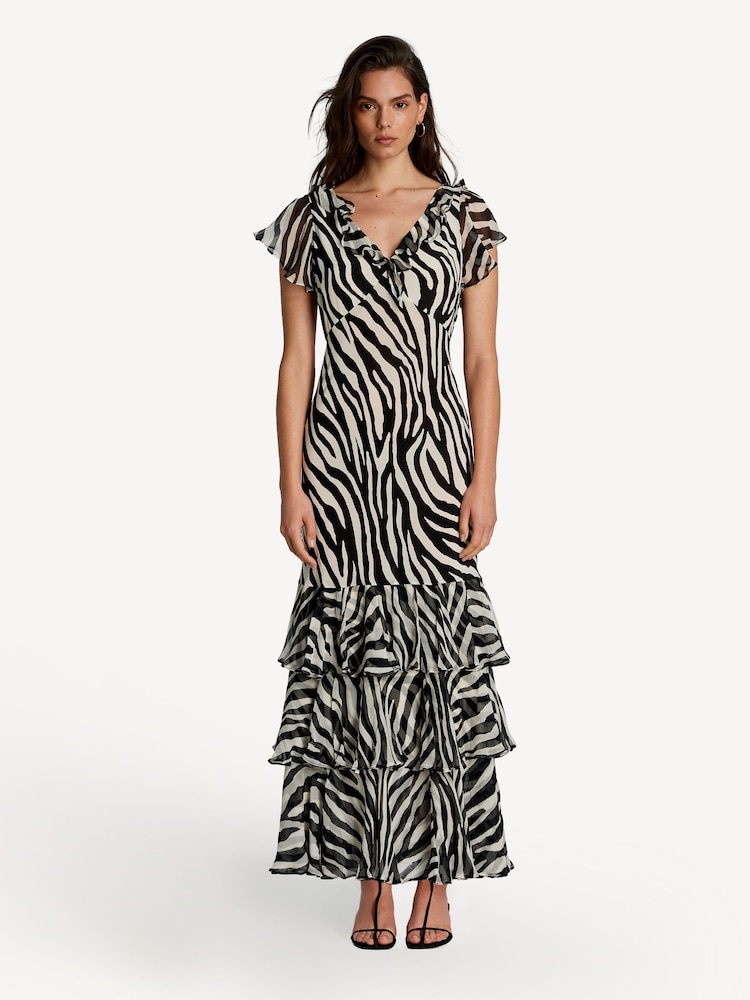 Rixo Black Amelle Tulip Print Tiered Maxi Dress - Image 1 of 5