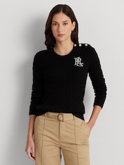Lauren Ralph Lauren Button Trim Cable Knit 100% Cotton Jumper - Image 1 of 8