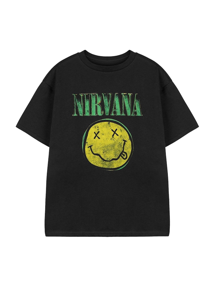 أسود - تيشرت من القطن 100% بطبعة Nirvana مرخّصة من Vanilla Underground Kid - صورة 1 من 6