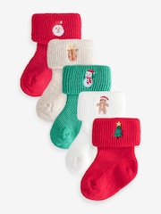 Red Green White Roll Top Embroidered Christmas Socks 5 Pack (0mths-2yrs) - Image 1 of 8