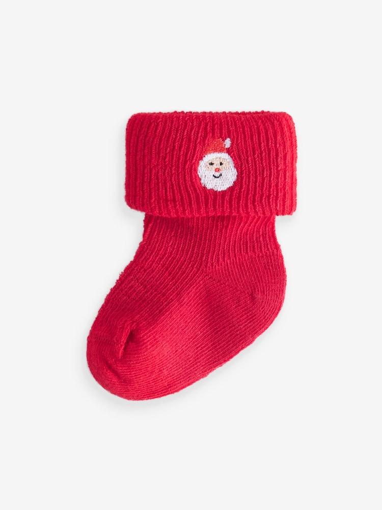 Red Green White Roll Top Embroidered Christmas Socks 5 Pack (0mths-2yrs) - Image 2 of 8