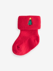 Red Green White Roll Top Embroidered Christmas Socks 5 Pack (0mths-2yrs) - Image 4 of 8
