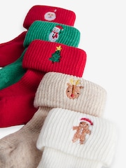 Red Green White Roll Top Embroidered Christmas Socks 5 Pack (0mths-2yrs) - Image 7 of 8