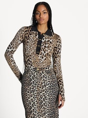 Ganni Brown Fine Merino Jacquard Leopard Print Polo Shirt - Image 1 of 4