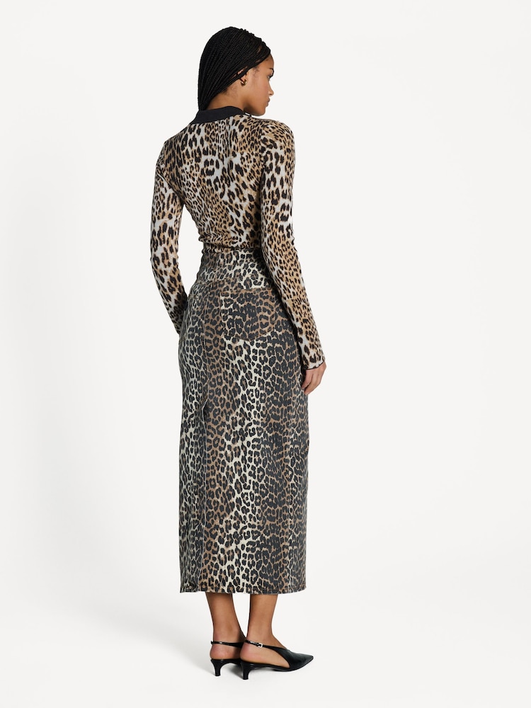 Ganni Brown Fine Merino Jacquard Leopard Print Polo Shirt - Image 2 of 4