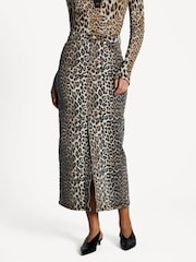 GANNI Brown Leopard Print Denim Maxi Slit Skirt - Image 1 of 5