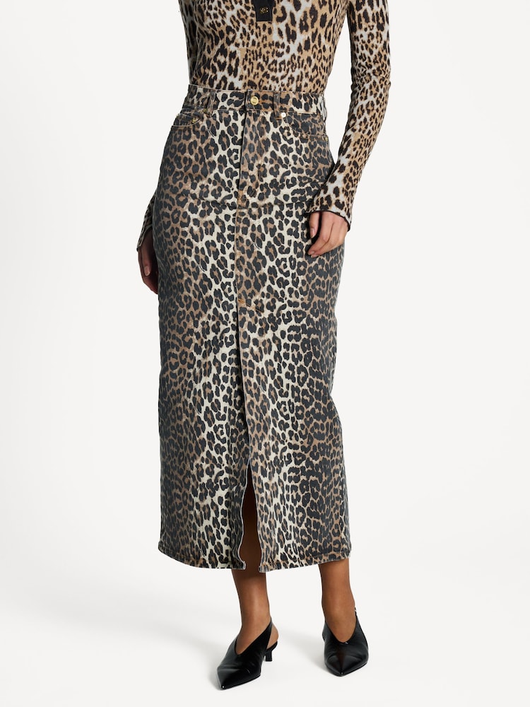 GANNI Brown Leopard Print Denim Maxi Slit Skirt - Image 1 of 5