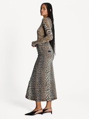 GANNI Brown Leopard Print Denim Maxi Slit Skirt - Image 3 of 5