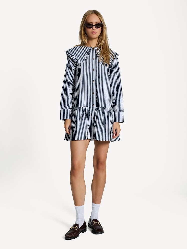 Ganni Black Stripe Large Collar Mini Shirt Dress - Image 1 of 5