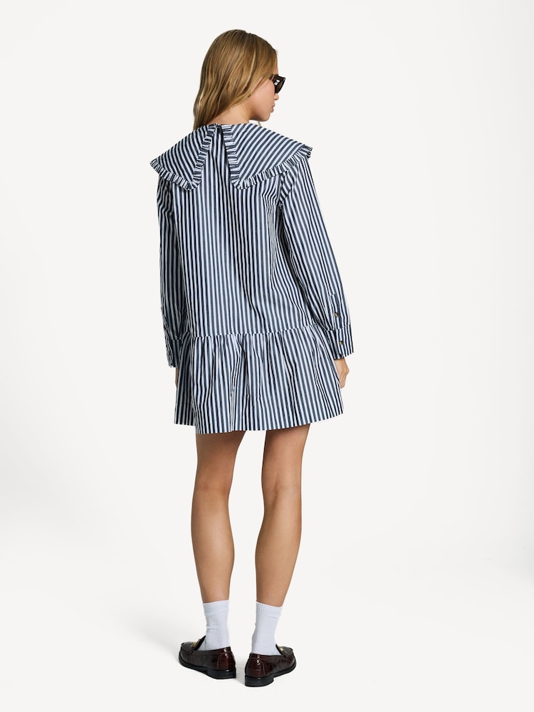 Ganni Black Stripe Large Collar Mini Shirt Dress - Image 2 of 5