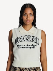 Ganni Cream Graphic Wool Mix Collar Vest - Image 1 of 6