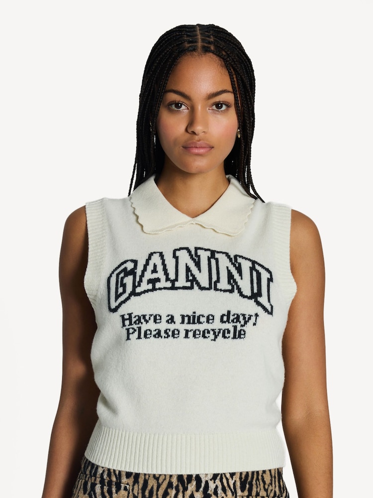 Ganni Cream Graphic Wool Mix Collar Vest - Image 1 of 6